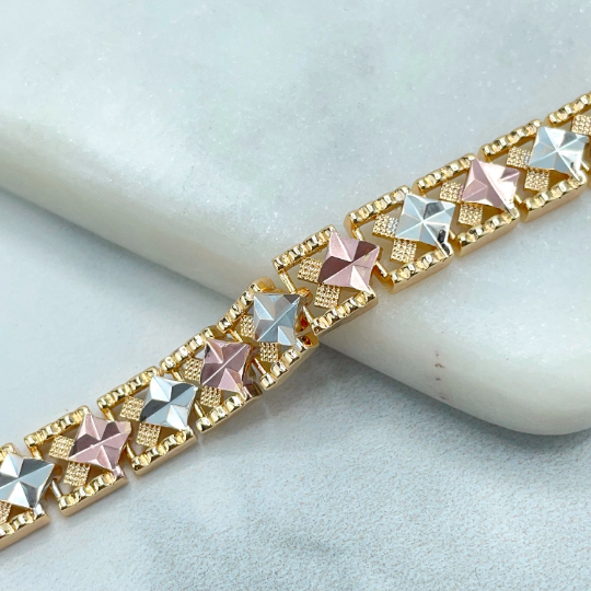 18k Gold Filled Cutout Square Linked Chain with Texturized Tri-Tone Squares Bracelet, Wholesale Jewelry Making Supplies