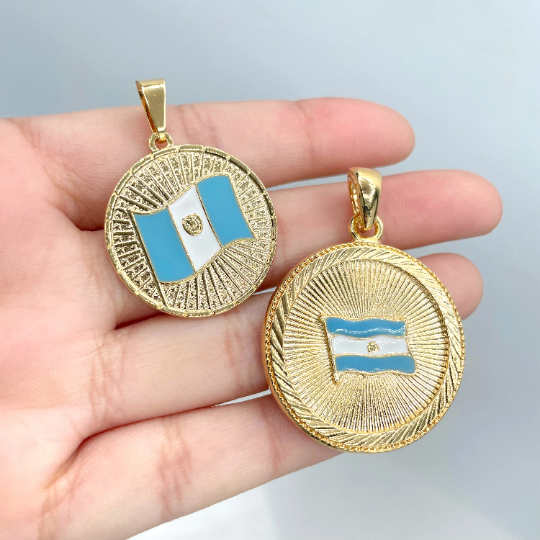 18k Gold Filled Texturized El Salvador or Guatemala Medal Flag Pendant