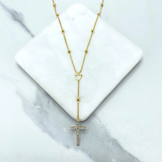 18k Gold Filled Satellite Chain Style with Cubic Zirconia Cross and Cutout Heart Fashion Rosary