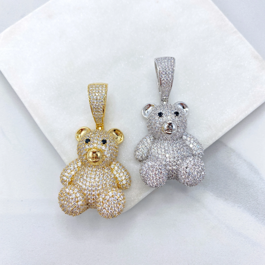 18k Gold Filled or Silver Filled Micro Pave Puffed Teddy Bears Shape Pendant Only, with Large Bail