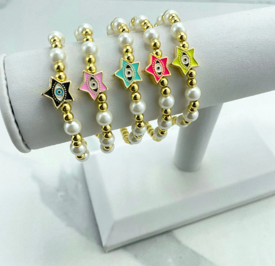18k Gold Filled Simulated Pearl and Gold Beads Bracelet with Enamel Colored Star Shape Evil Eye Charm Wholesale Jewelry Making Supplies