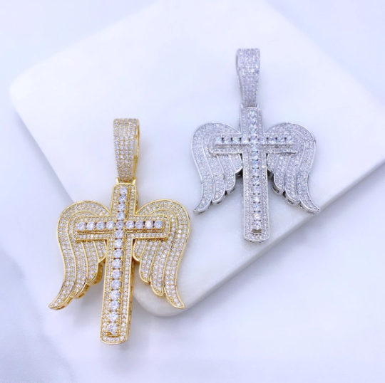 18k Gold Filled or Silver Filled Cubic Zirconia & Micro Pave Angel Wings Cross Pendant Only, with Large Bail