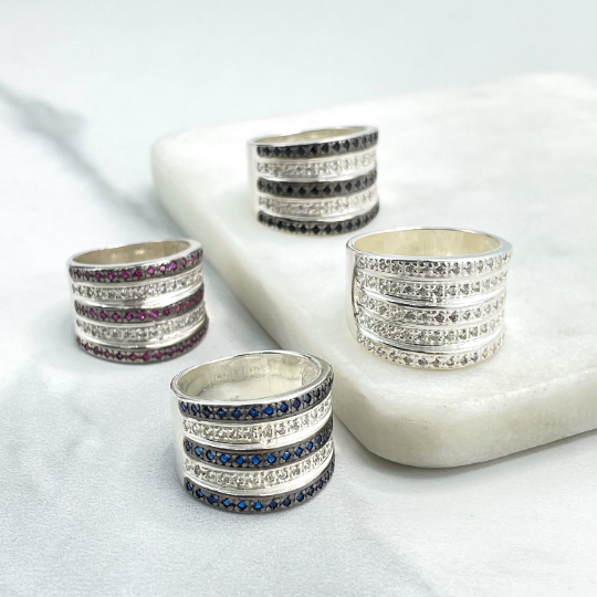 925 Sterling Silver Micro Cubic Zirconia White, Black Pink or Blue Multi-Band Ring