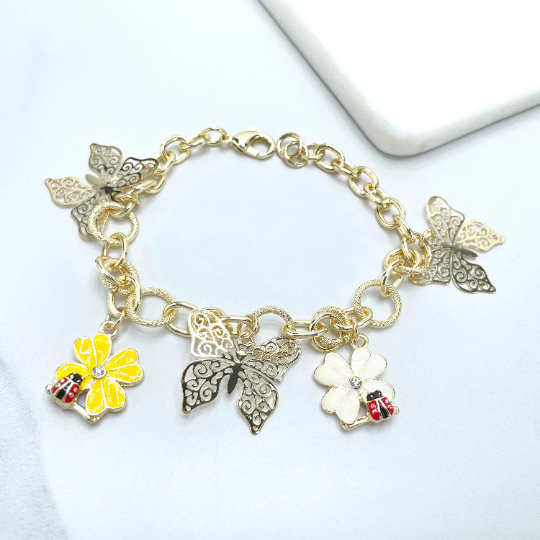 18k Gold Filled Colored Flowers and Ladybugs Charms Bracelet