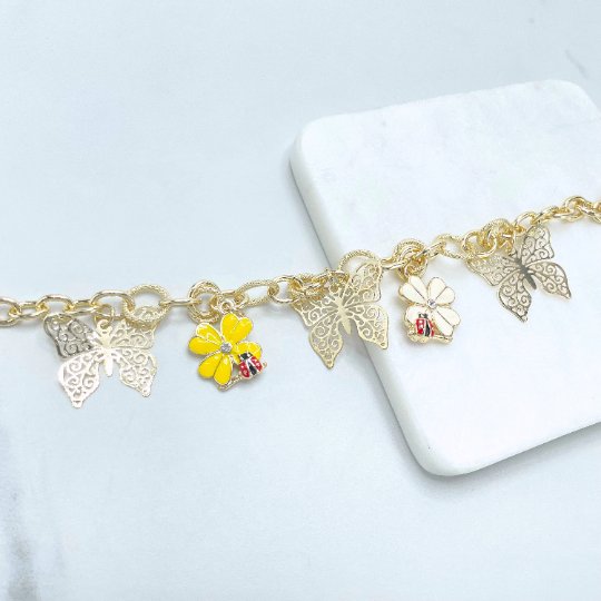 18k Gold Filled Colored Flowers and Ladybugs Charms Bracelet