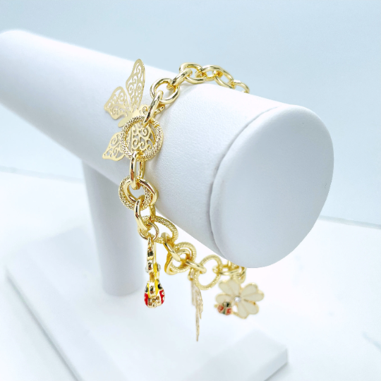 18k Gold Filled Colored Flowers and Ladybugs Charms Bracelet