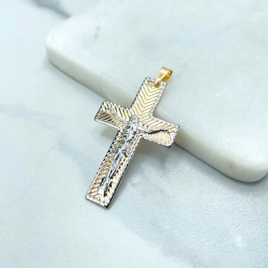 18k Gold Filled Jesus Cross Design Pendant Two Tone Crucifix Religious Faith Charm