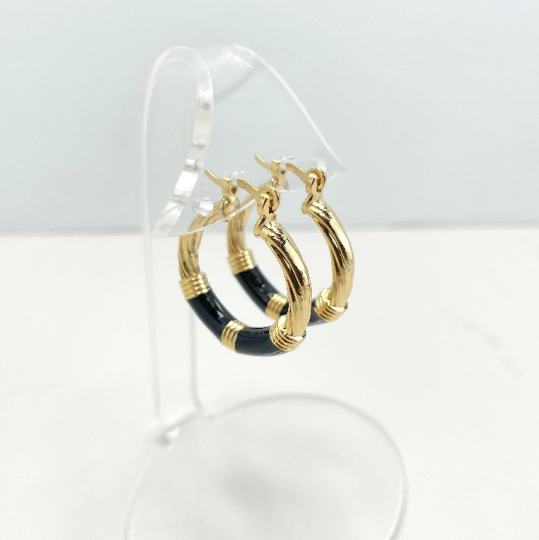 18k Gold Filled Black Enamel Twisted Hoop Earrings