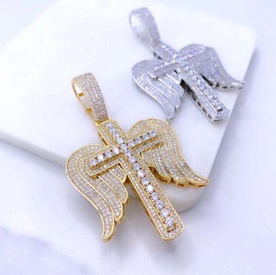 18k Gold Filled or Silver Filled Cubic Zirconia & Micro Pave Angel Wings Cross Pendant Only, with Large Bail