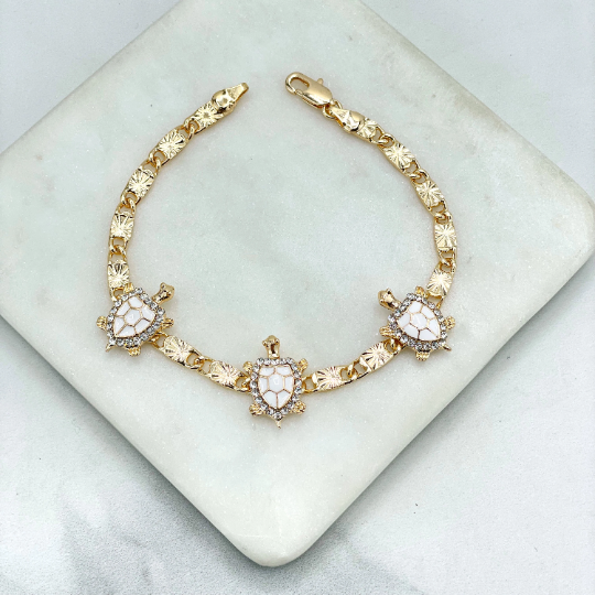 18k Gold Filled 4mm Mariner Link Chain Style with White Enamel & Cubic Zirconia Turtles
