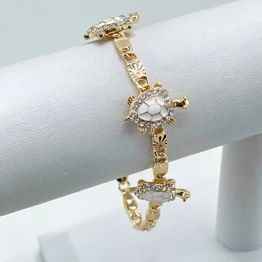 18k Gold Filled 4mm Mariner Link Chain Style with White Enamel & Cubic Zirconia Turtles