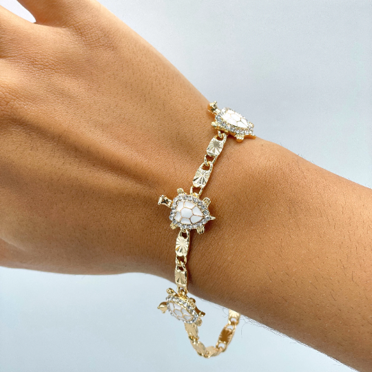 18k Gold Filled 4mm Mariner Link Chain Style with White Enamel & Cubic Zirconia Turtles