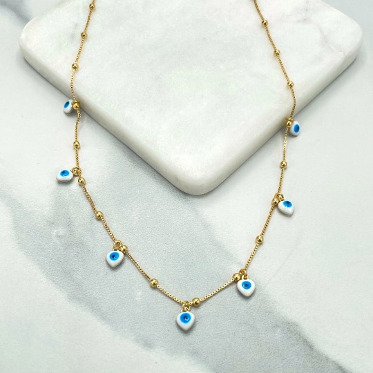 18k Gold Filled Satellite Chain with Evil Eye Triangles Hearts Shape Charms Necklace or Bracelet SET