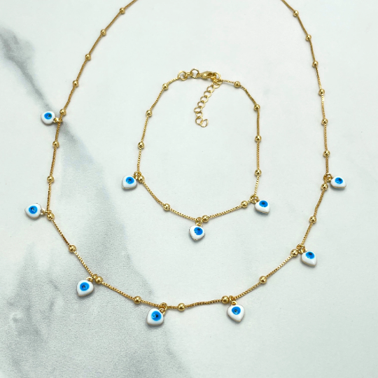 18k Gold Filled Satellite Chain with Evil Eye Triangles Hearts Shape Charms Necklace or Bracelet SET