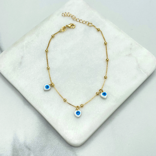 18k Gold Filled Satellite Chain with Evil Eye Triangles Hearts Shape Charms Necklace or Bracelet SET