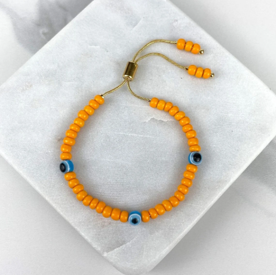 18k Gold Filled Orange Beads Blue Evil Eyes Colored Adjustable Bracelet