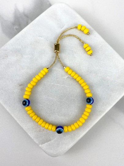 18k Gold Filled Yellow Beads Blue Evil Eyes Adjustable Bracelet