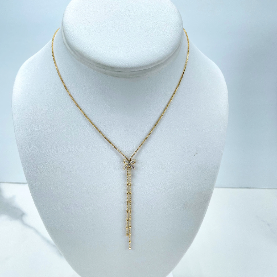 18k Gold Filled Box Chain Necklace with Cubic Zirconia Butterfly Center & Long Double Drop Satellite Chain, Wholesale Jewelry Supplies