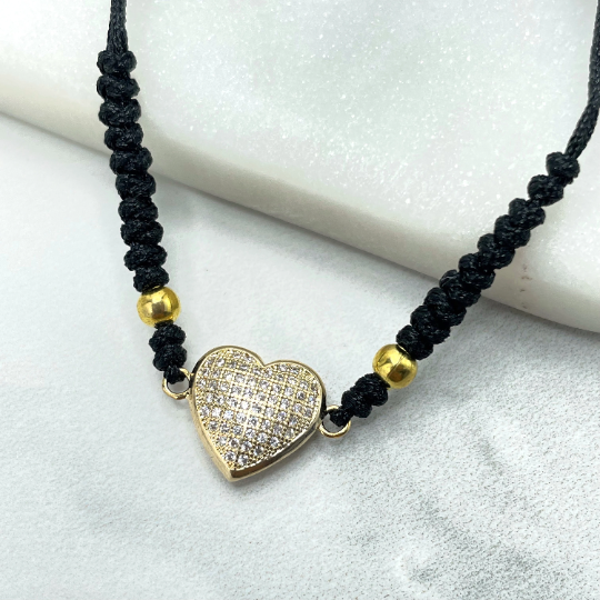 18k Gold Filled Micro Cubic Zirconia Heart Charm & Gold Balls String Bracelets