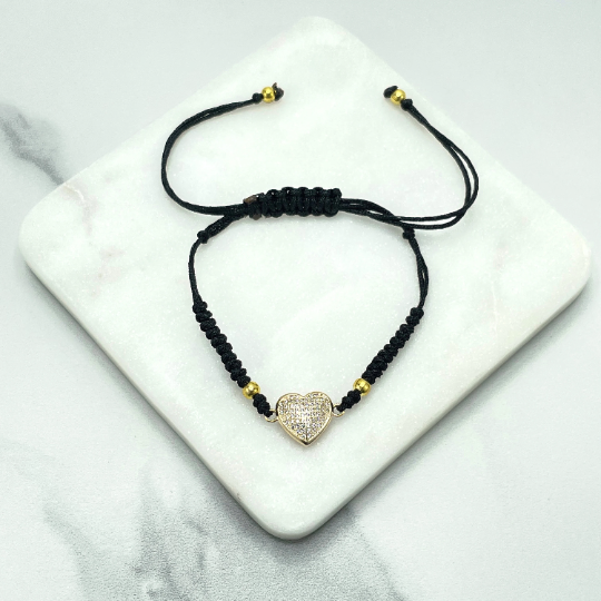 18k Gold Filled Micro Cubic Zirconia Heart Charm & Gold Balls String Bracelets
