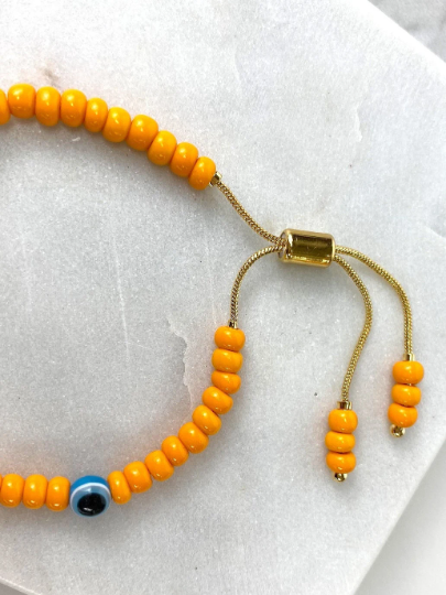 18k Gold Filled Orange Beads Blue Evil Eyes Colored Adjustable Bracelet