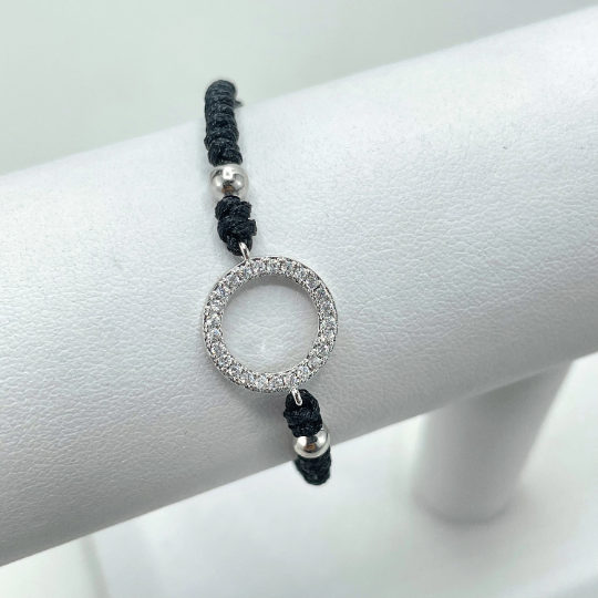 Silver Filled Micro Cubic Zirconia Circle Charm & Silver Balls String Bracelets, Rope Braided Adjustable Bracelet, Wholesale Jewelry