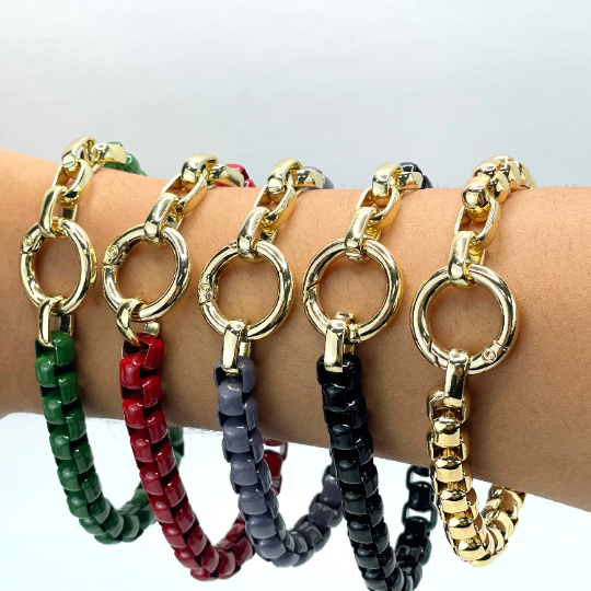 18k Gold Filled 8mm Box Chain Gold or Colored Enamel Bracelet, with Circle Clasp, for Men & Women, 8 Inches Long