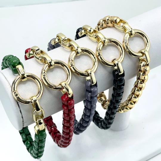 18k Gold Filled 8mm Box Chain Gold or Colored Enamel Bracelet, with Circle Clasp, for Men & Women, 8 Inches Long