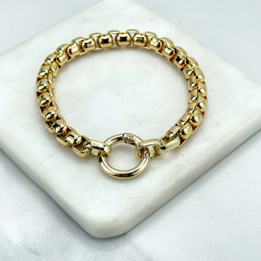 18k Gold Filled 8mm Box Chain Gold or Colored Enamel Bracelet, with Circle Clasp, for Men & Women, 8 Inches Long