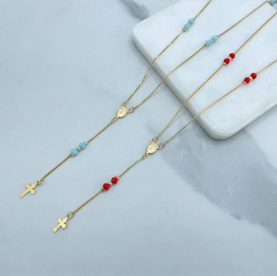 18k Gold Filled Box Chain and Red or Aqua Beads Details Rosary, Our Lady of Guadalupe