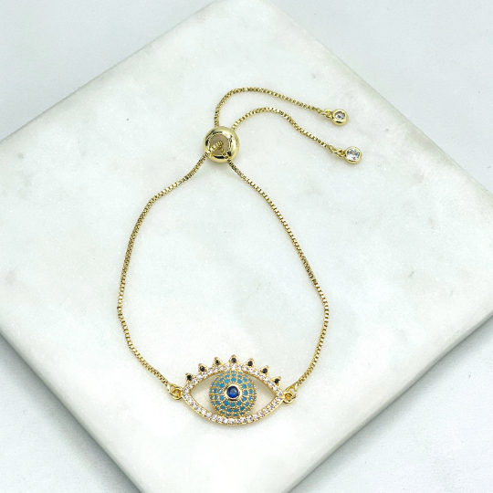 18k Gold Filled Colored Micro Cubic Zirconia, Rainbow or Blue Evil Eye, Rainbow Sun Charm, Adjustable Bracelet