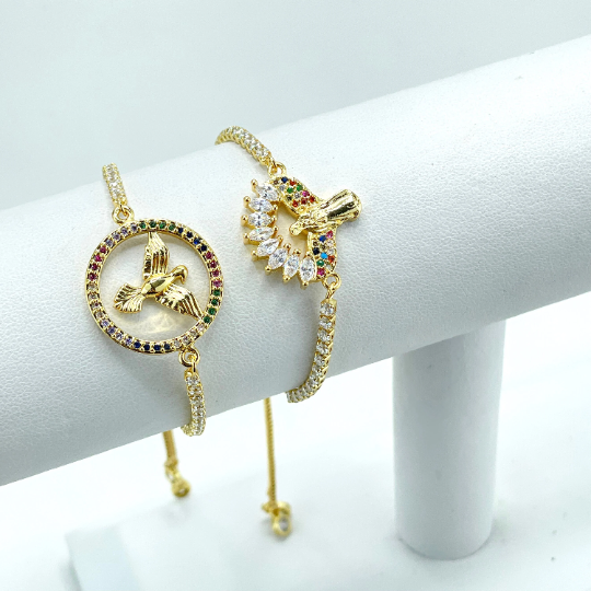 18k Gold Filled Clear Cubic Zirconia Sides & Micro Colored CZ with Cutout Dove Charm or Cutout Angel Charm Adjustable Bracelet