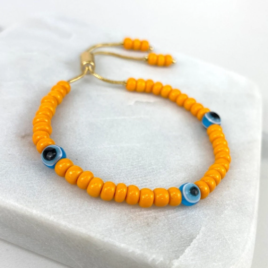 18k Gold Filled Orange Beads Blue Evil Eyes Colored Adjustable Bracelet