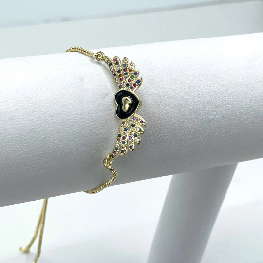 18k Gold Filled 1mm Box Chain, Black Enamel Heart with Colored Micro CZ Wings, Winged Heart, Adjustable Bracelet, Wholesale Jewelry Supplies  Bracelet size: -Length: 4.7 inches  / Thickness: 1mm  Charm size:  -Length: 30mm / Width: 15mm