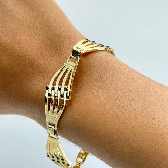 18k Gold Filled Black Cubic Zirconia Lines Geometric Minimalist Linked Bracelet