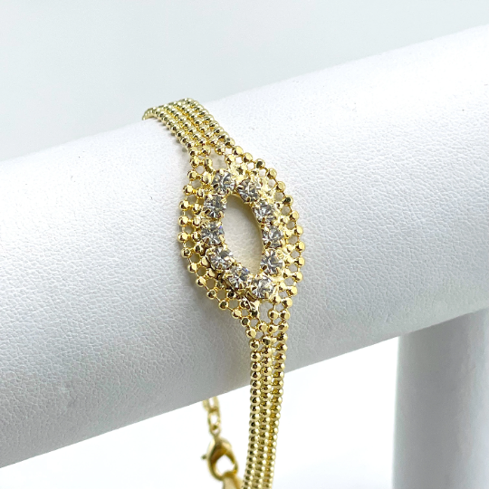 18k Gold Filled Mesh Chain Bracelet with White Cubic Zirconia Center Detail, Lobster Claw