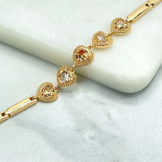 18k Gold Filled Amber Color Heart Shape Cubic Zirconia Linked Charms Rectangular Chain Bracelet