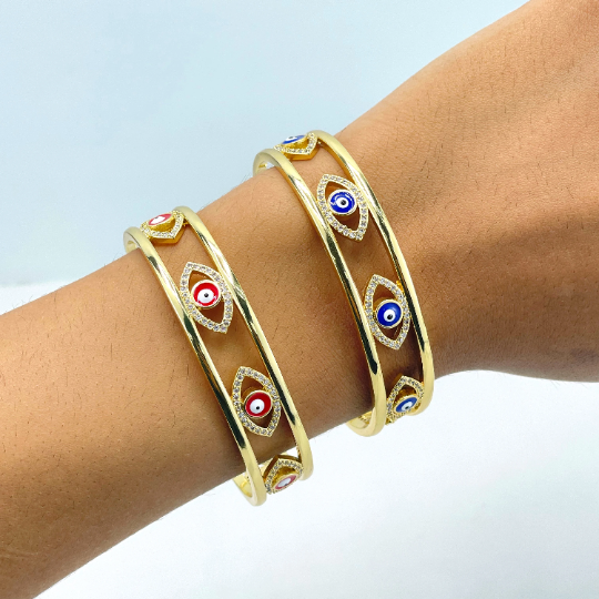 18k Gold Filled Blue or Red Enamel Evil Eye Bangle Cuff Bracelet, Lucky and Protection Bracelet