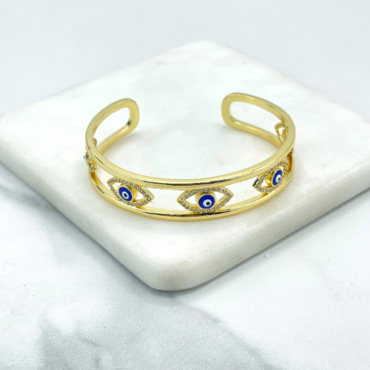 18k Gold Filled Blue or Red Enamel Evil Eye Bangle Cuff Bracelet, Lucky and Protection Bracelet