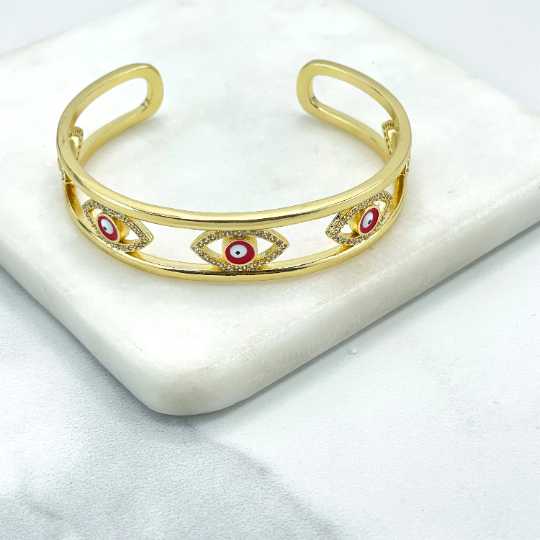 18k Gold Filled Blue or Red Enamel Evil Eye Bangle Cuff Bracelet, Lucky and Protection Bracelet