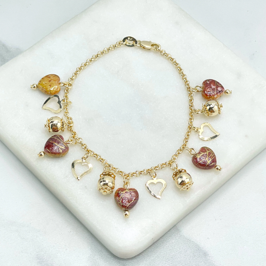 18k Gold Filled 5mm Rolo Chain with Beads, Gold Balls and Hearts Dangle Charms Bracelet