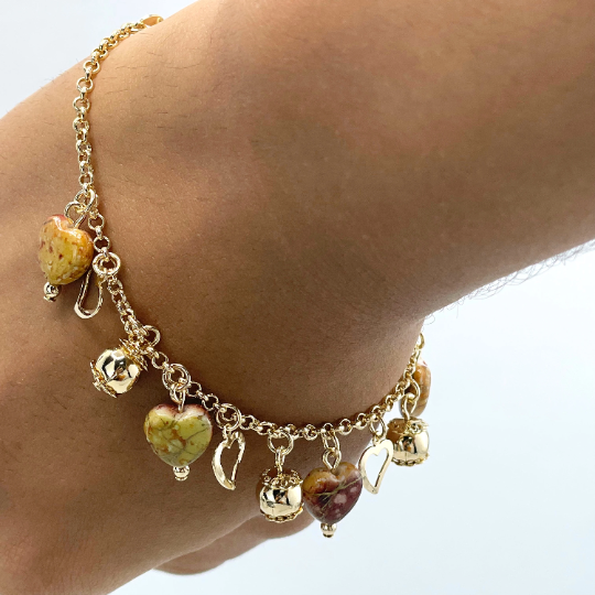 18k Gold Filled 5mm Rolo Chain with Beads, Gold Balls and Hearts Dangle Charms Bracelet