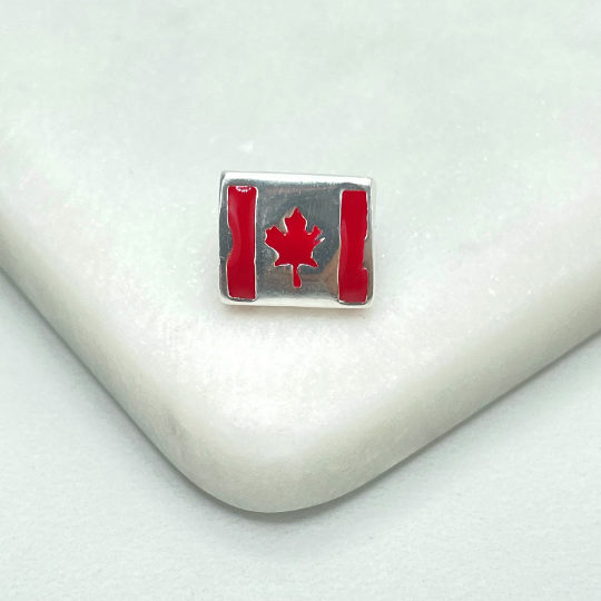 925 Sterling Silver and Red Enamel Flag of Canada, Canadian Flag Berloque Charm for Bracelet or Necklace