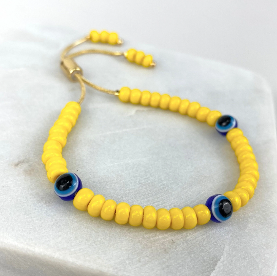 18k Gold Filled Yellow Beads Blue Evil Eyes Adjustable Bracelet