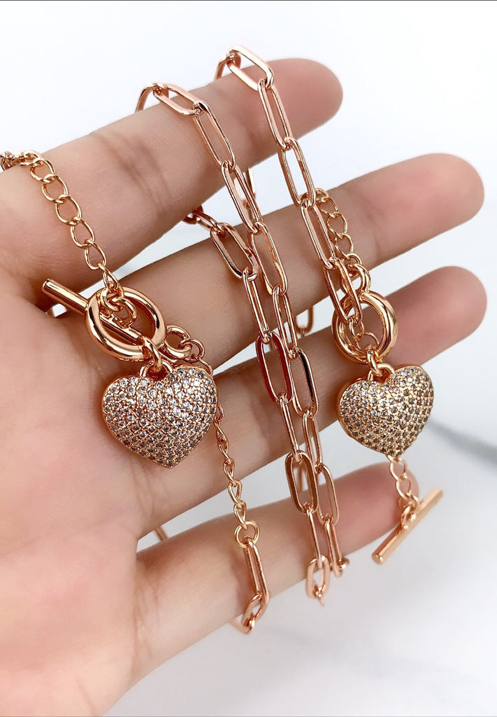 18k Rose Gold Silver or Gold Filled Paperclip CZ Heart Set