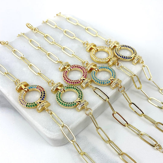 18k Gold Filled Paperclip Link and Colored CZ Circle Charm Bracelet