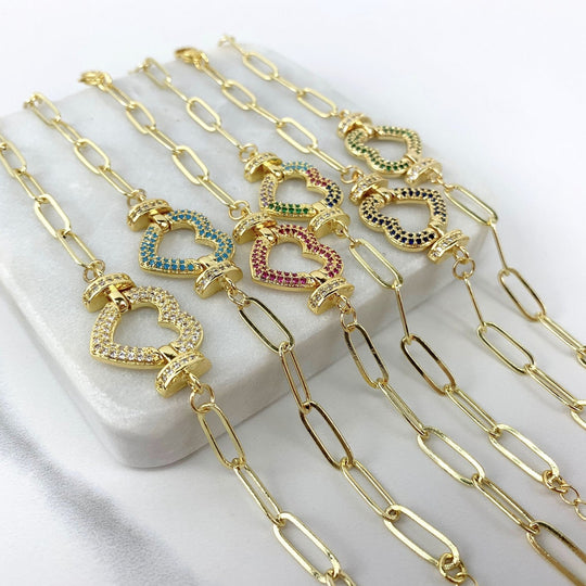 18k Gold Filled Paperclip Link and Colored Heart CZ Charm Bracelet