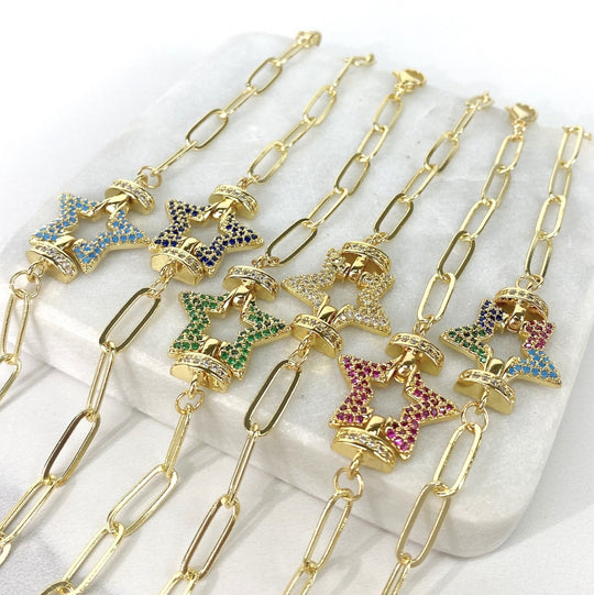 18k Gold Filled Paperclip Link and Colored CZ Star Charm Bracelet