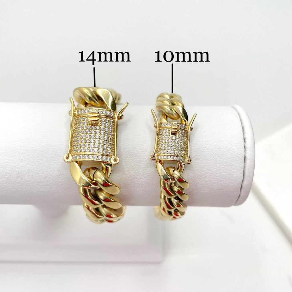 14k Gold Filled Cuban Link Chain Cubic Zirconia Bracelets 10mm, 12mm or 14mm