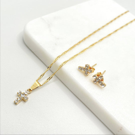 18k Gold Filled Singapure Cross Necklace and Earrings Set